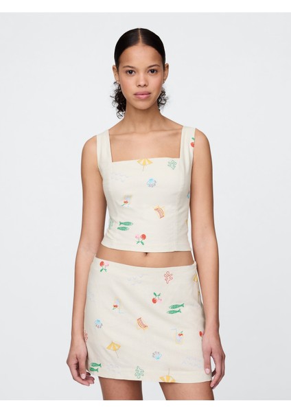 Kadın Krem Keten Karışımlı Crop Bluz