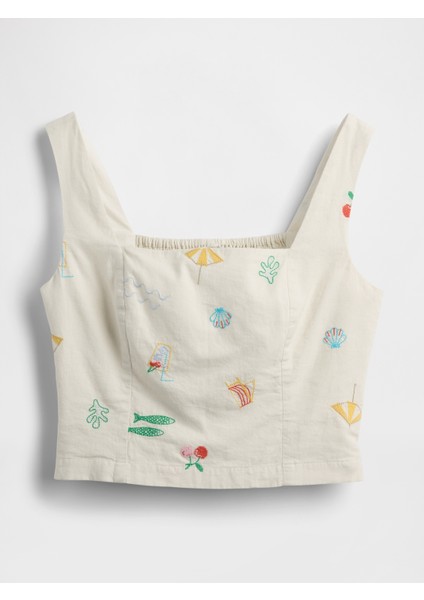 Kadın Krem Keten Karışımlı Crop Bluz fiyatları