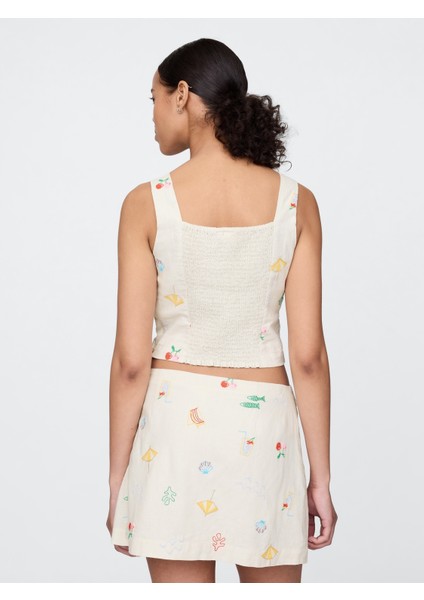 Kadın Krem Keten Karışımlı Crop Bluz modelleri