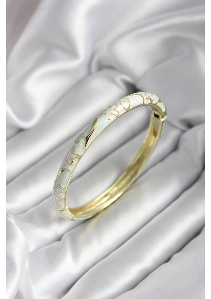 Mineli Pirinç Kırık Beyaz Çiçek Desenli Zirkon Taşlı Gold Renk Kadın Kelepçe (Çap 60 Mm)