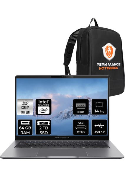 Expertbook P3 Intel Core I7 13620H 64GB 2tb SSD 14" Fhd+ Freedos Taşınabilir Bilgisayar & Per4 Çanta P3405I7161TBG1DP334