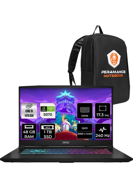 Msı Katana 17 Hx Intel Core I9 14900HX 48GB 1tb SSD RTX5070/8GB 17.3" Qhd 240Hz Fdos Taşınabilir Bilgisayar & Per4 Çanta B14WGK048XTRP328