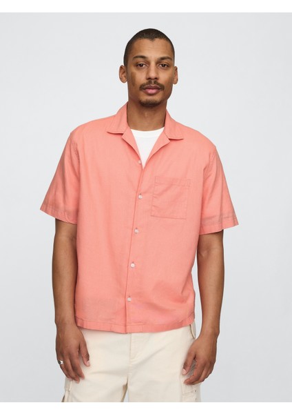 Erkek Açık Pembe Keten Karışımlı Desenli Gömlek