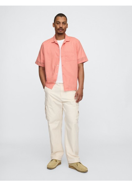 Erkek Açık Pembe Keten Karışımlı Desenli Gömlek indirimleri