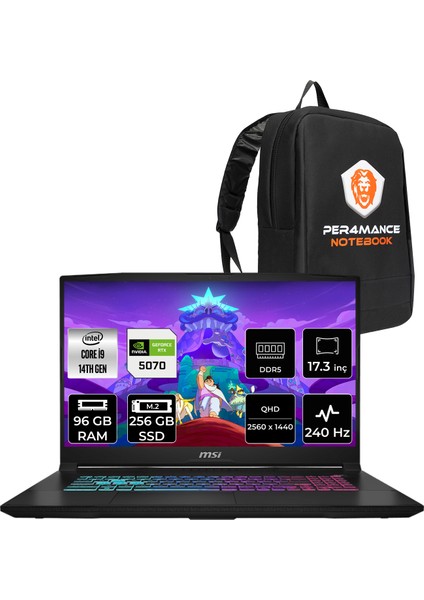 Msı Katana 17 Hx Intel Core I9 14900HX 96GB 256GB SSD RTX5070/8GB 17.3" Qhd 240Hz Fdos Taşınabilir Bilgisayar & Per4 Çanta B14WGK048XTRP336