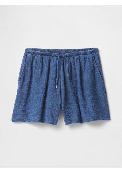 Kadın Denim Mavi Crinkle Gauze Denim Şort