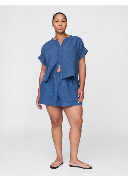 Kadın Denim Mavi Crinkle Gauze Denim Şort