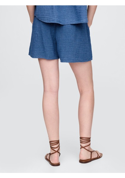 Kadın Denim Mavi Crinkle Gauze Denim Şort