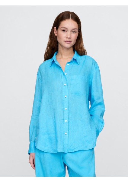 Kadın Gökyüzü Mavisi %100 Keten Relaxed Gömlek