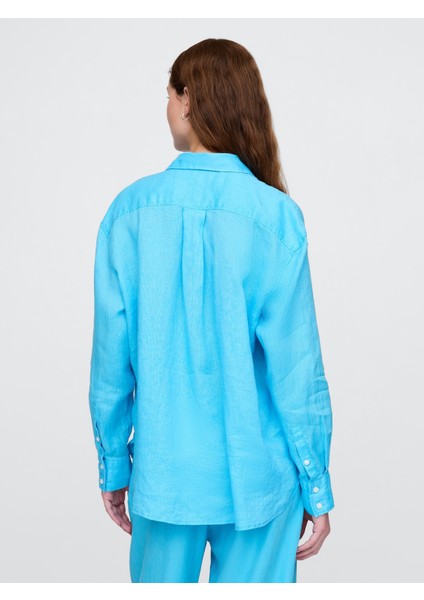 Kadın Gökyüzü Mavisi %100 Keten Relaxed Gömlek modelleri