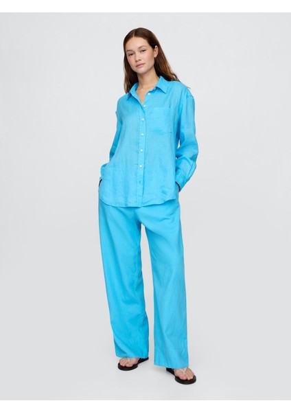 Kadın Gökyüzü Mavisi %100 Keten Relaxed Gömlek fırsatları