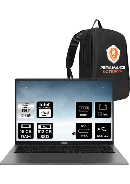 Vivobook S16 Intel Core I7 13620H 16GB 512GB SSD 16" Fhd+ 144Hz Freedos Taşınabilir Bilgisayar & Per4 Çanta S3607VARP077P307
