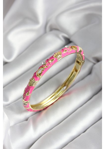 Mineli Pirinç Pembe Çiçek Desenli Gold Renk Kadın Kelepçe