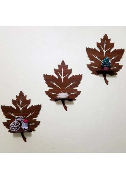 Kuk Desing 3’lü Ahşap Duvar Süsü Rafı - Yaprak Mumluk ve Dekoratif Aplik Seti