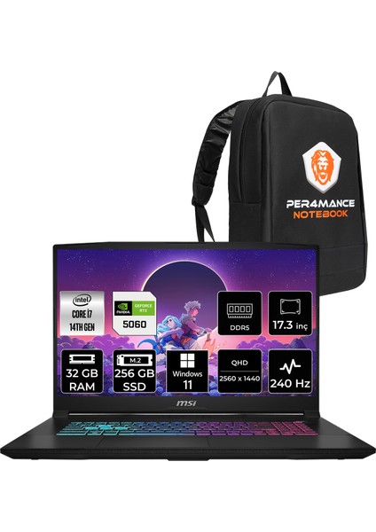 Msı Katana 17 Hx Intel Core I7 14650HX 32GB 256GB SSD RTX5060/8GB 17.3" Qhd 240Hz Windows 11 Home Taşınabilir Bilgisayar & Per4 Çanta B14WFK216XTRP356