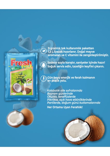 Fresh Quick C Vitaminli Doğal Hindistan Cevizi Aromalı Hazır Soğuk Toz Içecek (24 Adet x 9 Gr)1.5 Lt
