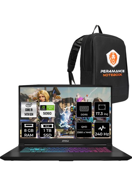 Msı Katana 17 Hx Intel Core I9 14900HX 8gb 1tb SSD RTX5060/8GB 17.3" Qhd 240Hz Fdos Taşınabilir Bilgisayar & Per4 Çanta B14WFK217TRP303