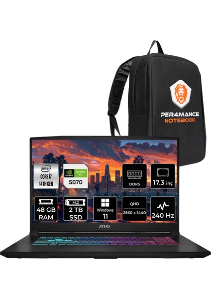 Msı Katana 17 Hx Intel Core I7 14650HX 48GB 2tb SSD RTX5070/8GB 17.3" Qhd 240Hz Windows 11 Home Taşınabilir Bilgisayar & Per4 Çanta B14WGK046XTRP369