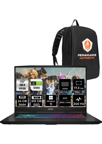 Msı Katana 17 Hx Intel Core I9 14900HX 24GB 512GB SSD RTX5060/8GB 17.3" Qhd 240Hz W11P Taşınabilir Bilgisayar & Per4 Çanta B14WFK217TRP392