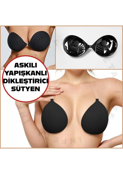 Silikon Yapışkanlı Dikleştirici Göğüs Pedi Sütyen Mayo Abiye Gelinlik Elbise Sütyeni Push Up Siyah