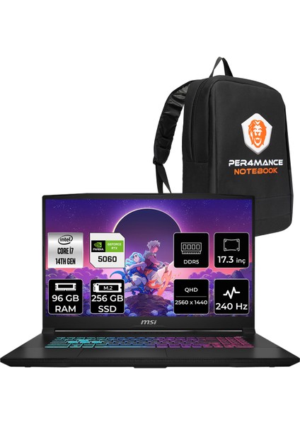 Msı Katana 17 Hx Intel Core I7 14650HX 96GB 256GB SSD RTX5060/8GB 17.3" Qhd 240Hz Freedos Taşınabilir Bilgisayar & Per4 Çanta B14WFK216XTRP336