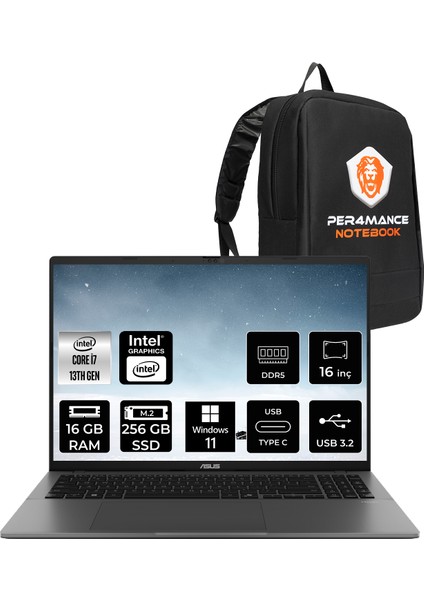 Vivobook S16 Intel Core I7 13620H 16GB 256GB SSD 16" Fhd+ 144Hz Windows 11 Home Taşınabilir Bilgisayar & Per4 Çanta S3607VARP077P326