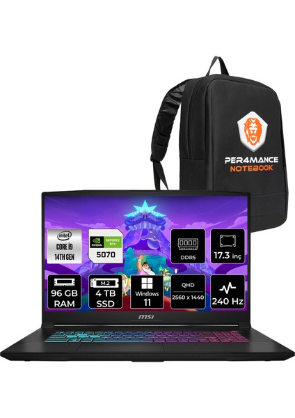 Msı Katana 17 Hx Intel Core I9 14900HX 96GB 4tb SSD RTX5070/8GB 17.3" Qhd 240Hz W11P Taşınabilir Bilgisayar & Per4 Çanta B14WGK048XTRP420