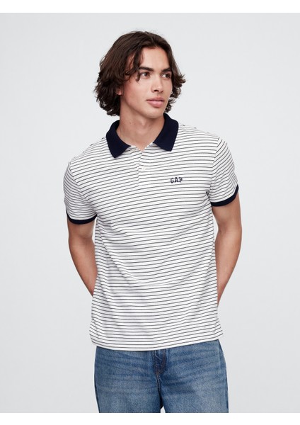 Erkek Siyah Beyaz Çizgili Gap Logo Polo T-Shirt