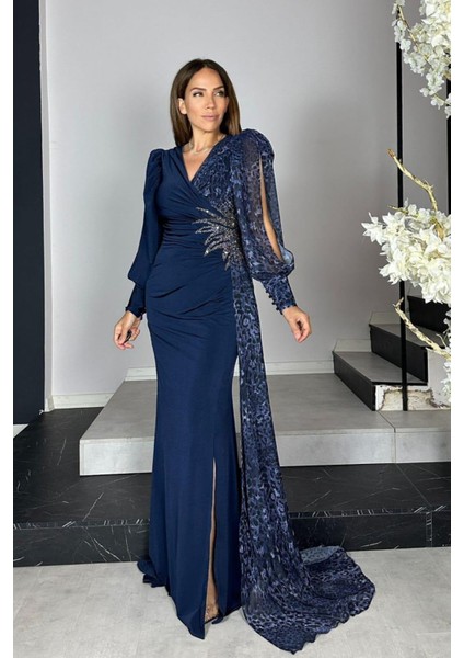 G1296 Leopar Detaylı Tasarım Abiye Elbise Lacivert