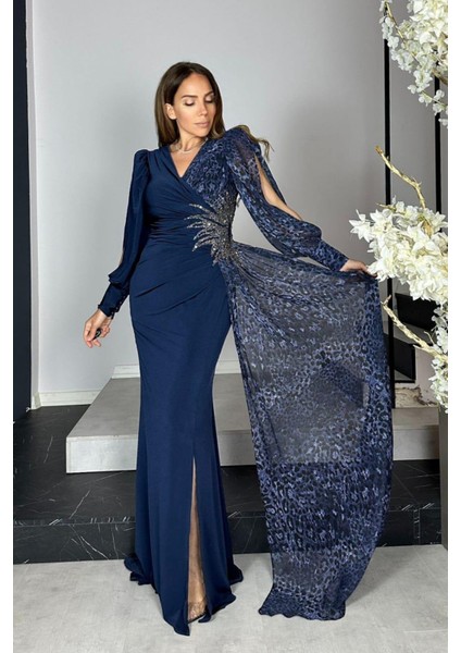 G1296 Leopar Detaylı Tasarım Abiye Elbise Lacivert fiyatları