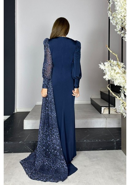 G1296 Leopar Detaylı Tasarım Abiye Elbise Lacivert modelleri