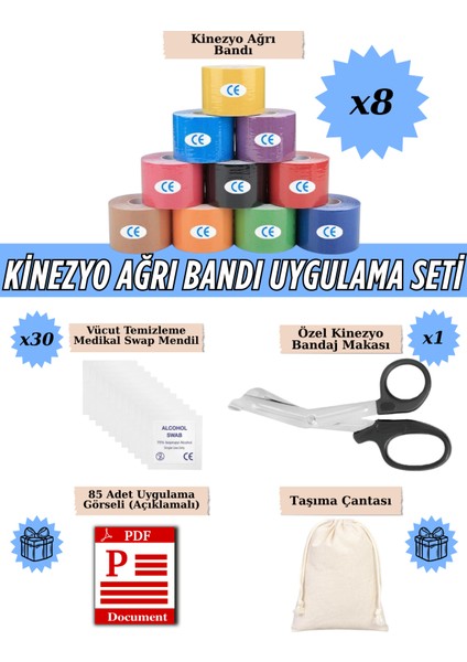 Profesyonel Kinezyo Bant Set Sporcu Bandı Uygulama Seti -Yüz ve Vücut Uygun- 8 Bantlı Set (ÇANTA VE PDF HEDİYE)