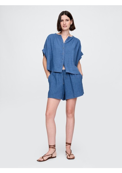 Kadın Denim Mavi Crinkle Gauze Denim Şort