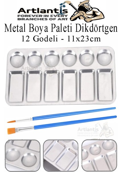Dikdörtgen Metal Palet 1 Adet Metal Boya Paleti 12 Hazneli 11X23 cm Paslanmaz Resim Boyama Paleti Fırça Hediyeli