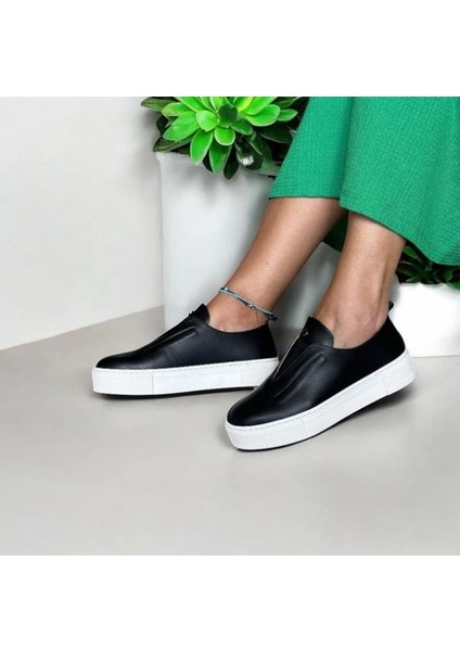 Siyah Deri Lastik Detaylı Günlük Rahat Sneaker modelleri