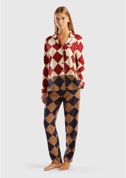 Kadın Bej Mix Baklava Desenli Düğmeli Pijama Takımı