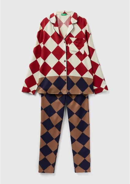 Kadın Bej Mix Baklava Desenli Düğmeli Pijama Takımı fiyatları