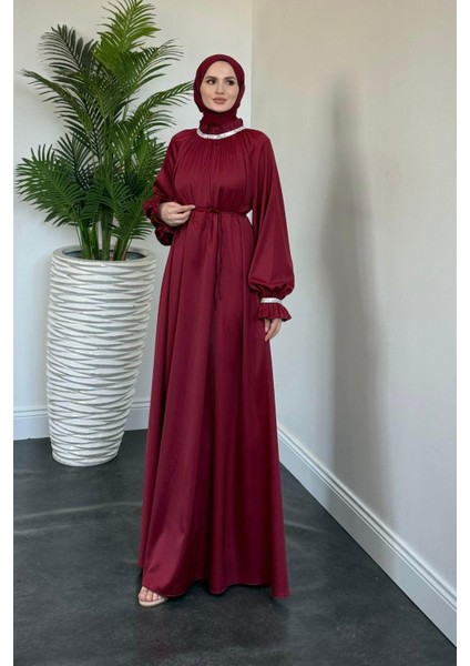 Rozie Kolları ve Boynu Taşlı Abiye Bordo