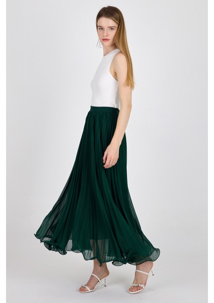 Yeşil Şifon Piliseli Yüksek Bel Maxi Etek 1003