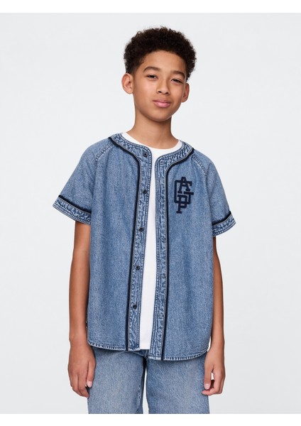 Erkek Çocuk Denim Mavi Denim Gap Logo Beyzbol Jersey Gömlek