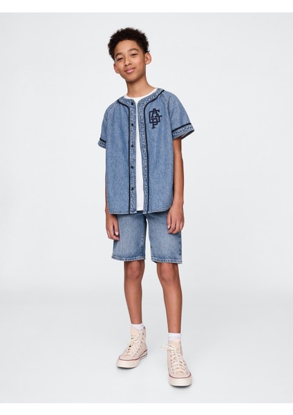Erkek Çocuk Denim Mavi Denim Gap Logo Beyzbol Jersey Gömlek modelleri