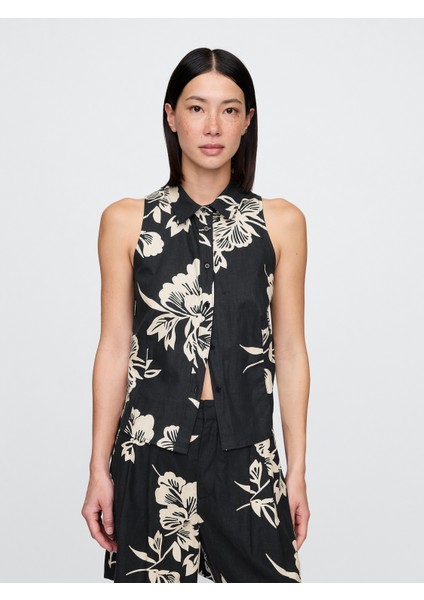 Kadın Siyah Baskılı Keten Karışımlı Kolsuz Düğmeli Gömlek