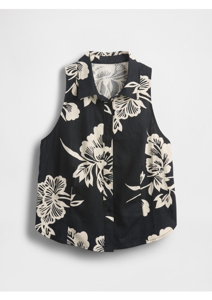 Kadın Siyah Baskılı Keten Karışımlı Kolsuz Düğmeli Gömlek fiyatları