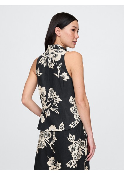 Kadın Siyah Baskılı Keten Karışımlı Kolsuz Düğmeli Gömlek modelleri