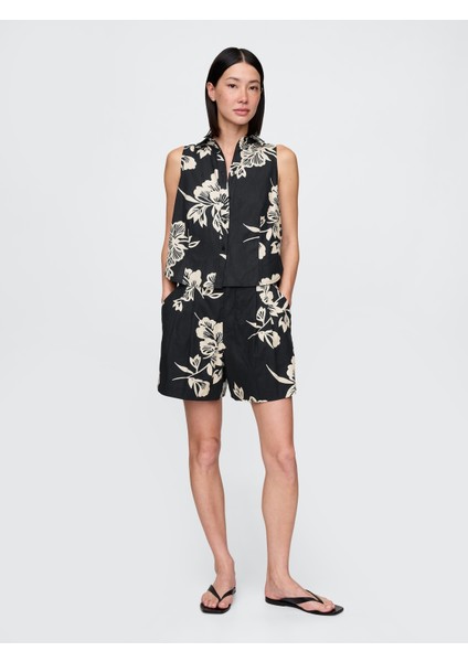 Kadın Siyah Baskılı Keten Karışımlı Kolsuz Düğmeli Gömlek fırsatları