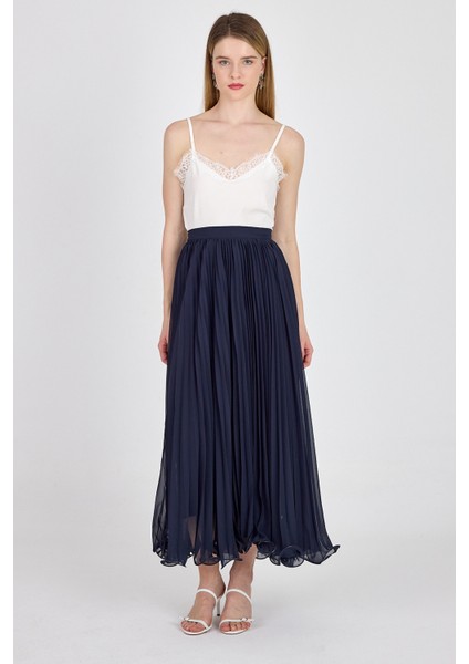 Lacivert Şifon Piliseli Yüksek Bel Maxi Etek 1003