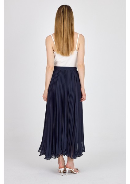 Lacivert Şifon Piliseli Yüksek Bel Maxi Etek 1003 indirimleri