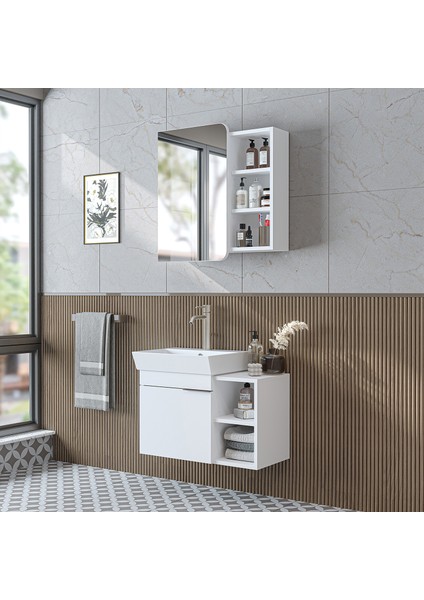 Likya Mdflam Lavabolu Banyo Dolabı Takımı, 72 cm Lavabolu Banyo Alt Dolabı + Üst Dolabı