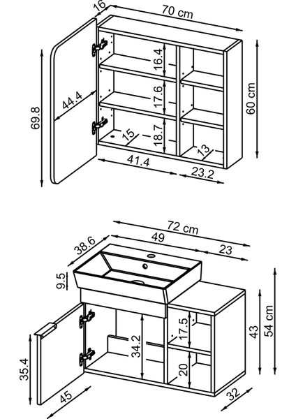 Likya Mdflam Lavabolu Banyo Dolabı Takımı, 72 cm Lavabolu Banyo Alt Dolabı + Üst Dolabı fiyatları