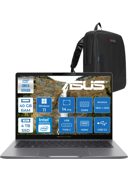 Expertbook P3 P3405CVA Intel Core I5-13420H 40GB Ddr5 4tb SSD Windows 11 Home 14" 300NITS Wuxga Intel UHD Taşınabilir Bilgisayar WP3405CVAH040+ZETTAÇANTA